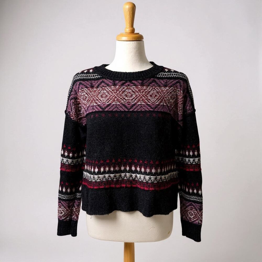 Lucky Brand Sweater Med Black  Wool Alpaca Blend Boxy Crew Neck Boho Casual Cozy